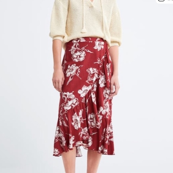 Zara Linen Blend Floral Wrap Midi Skirt in Red Women’s Size Large - Picture 1 of 10